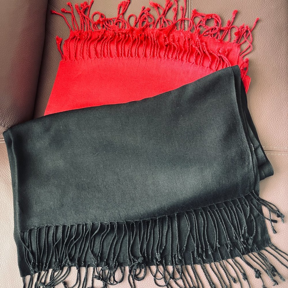 Lot of 2 scarves Red/black rayon/wool shawl Large bright scarves